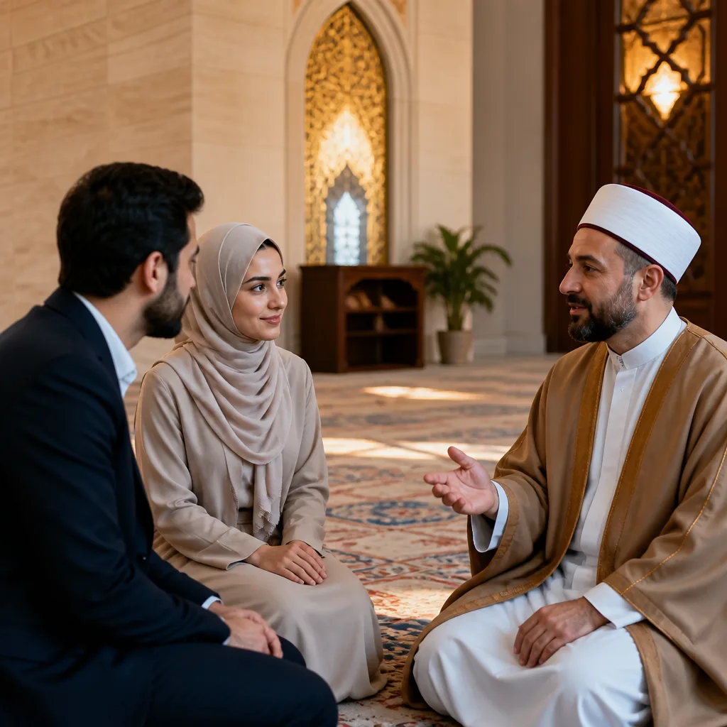 Couple meeting with an imam in a welcoming Islamic center environment for Nikah guidance.