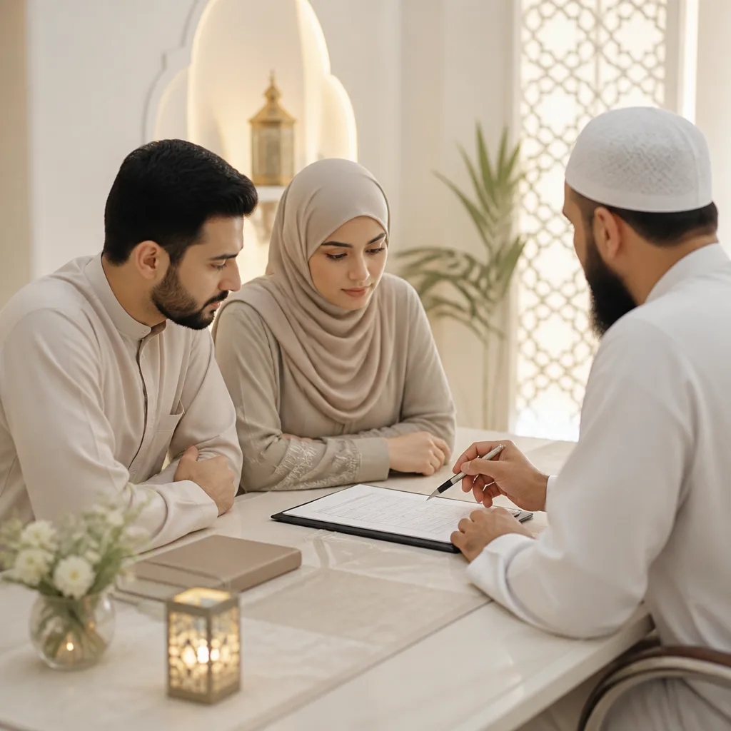 A calm, respectful pre-Nikah questionnaire review with an imam and couple.