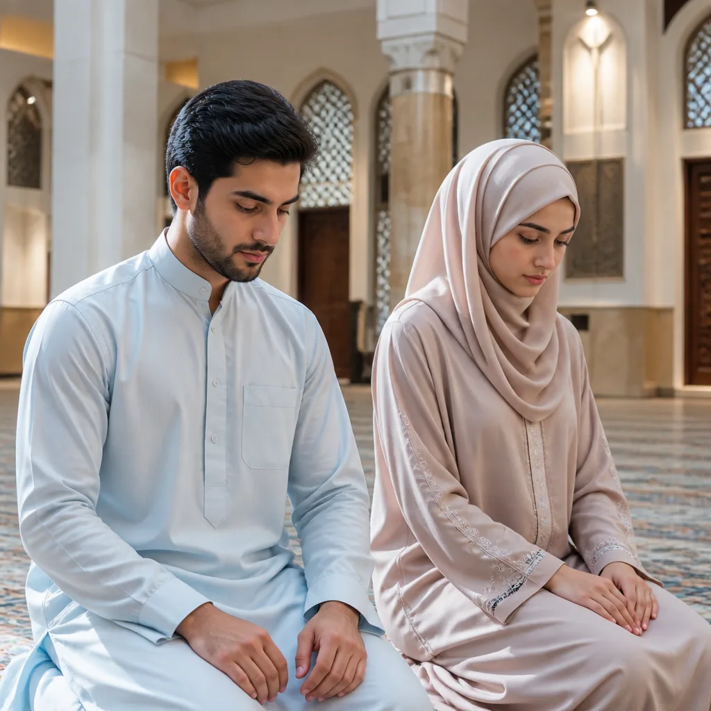 Couple in a calm mosque setting before a ceremony