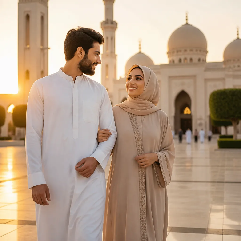 Couple walking in a serene courtyard at golden hour