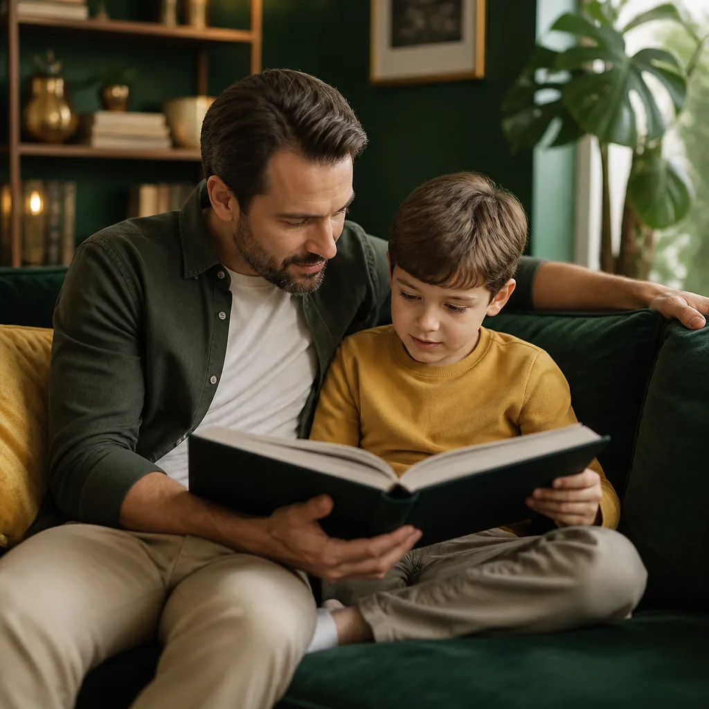 Parent and child reading together in a calm, home study setting