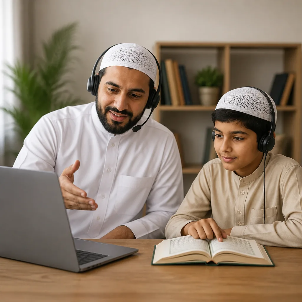 Teacher and student practicing Quran learning during an online session with a laptop and headphones