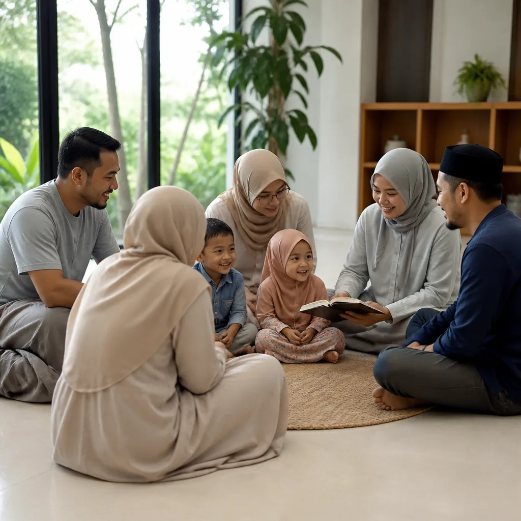 Families gathered in a calm community setting with supportive learning atmosphere