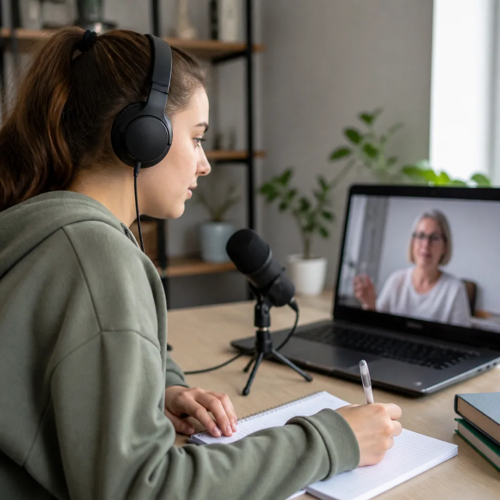 Student preparing for an online recitation lesson with headphones and a laptop microphone