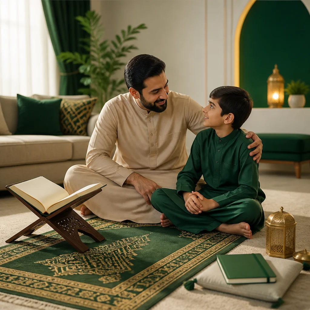 A parent and child at home beside a prayer rug with faith learning materials arranged to support weekly habits