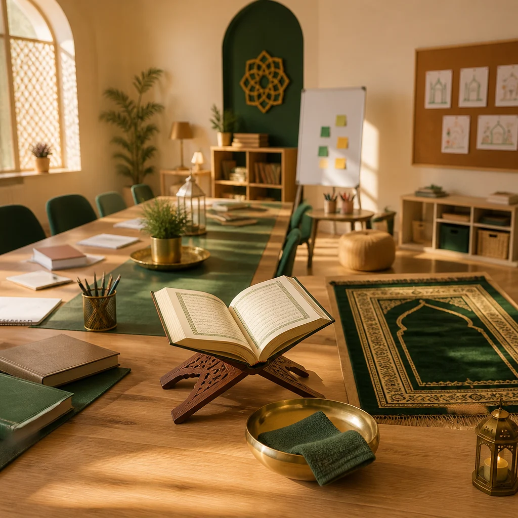 A tidy classroom scene with arranged Quran, prayer, and learning materials suggesting a structured weekend routine