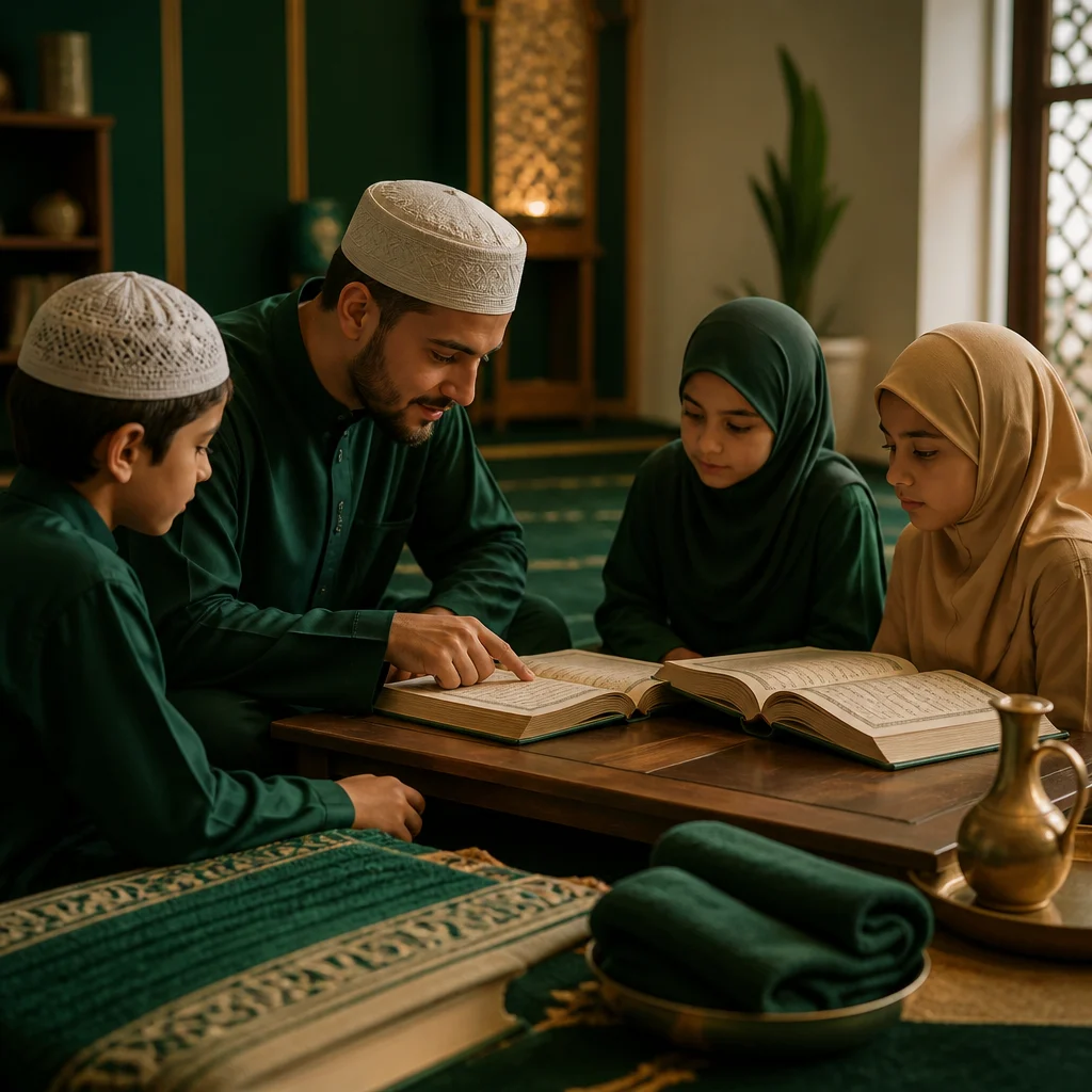 Children seated in a community learning circle with an instructor guiding Quran study materials and prayer basics items on a table
