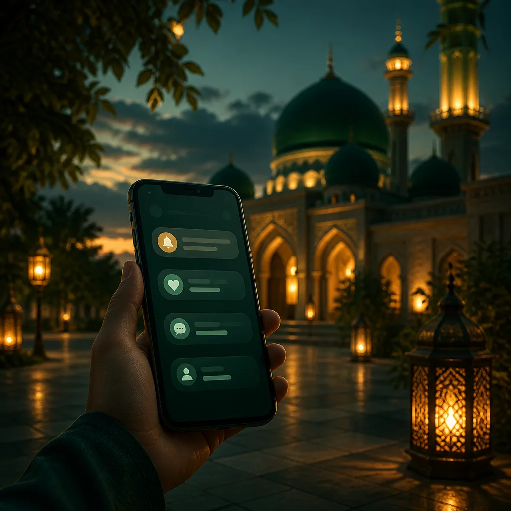A serene mosque at dusk with abstract reminder visuals representing staying connected.