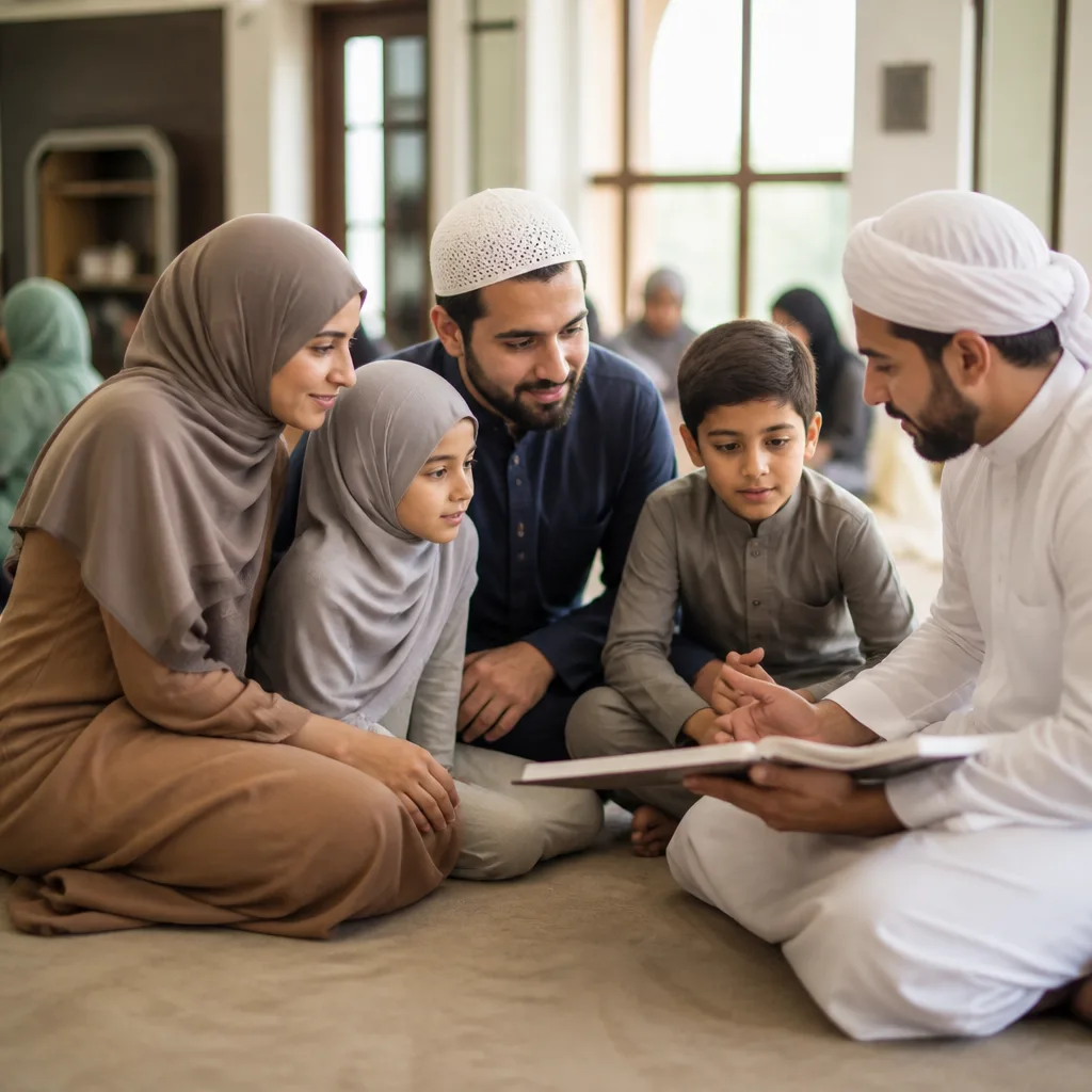 Family learning Quran together in a community classroom