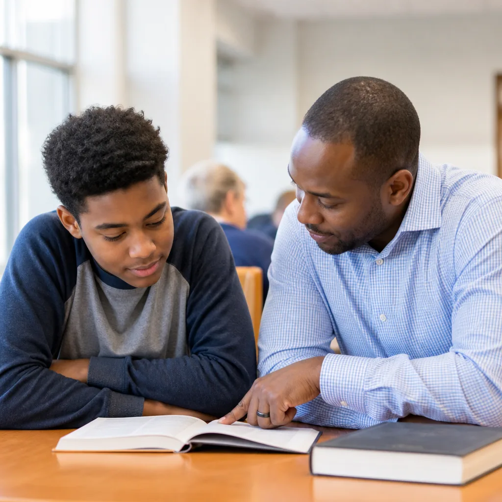 Adult and youth study together in a calm community learning space