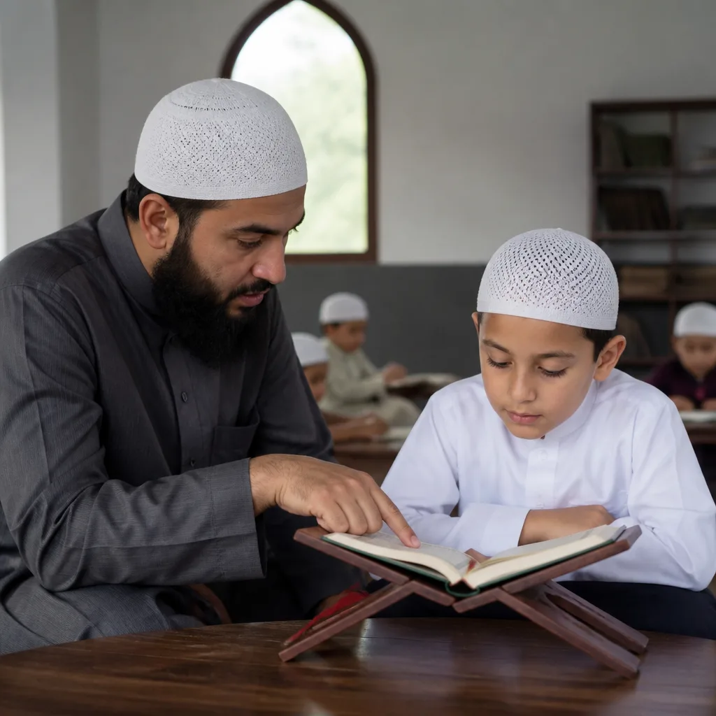 Teacher helping a beginner student in a Quran learning session