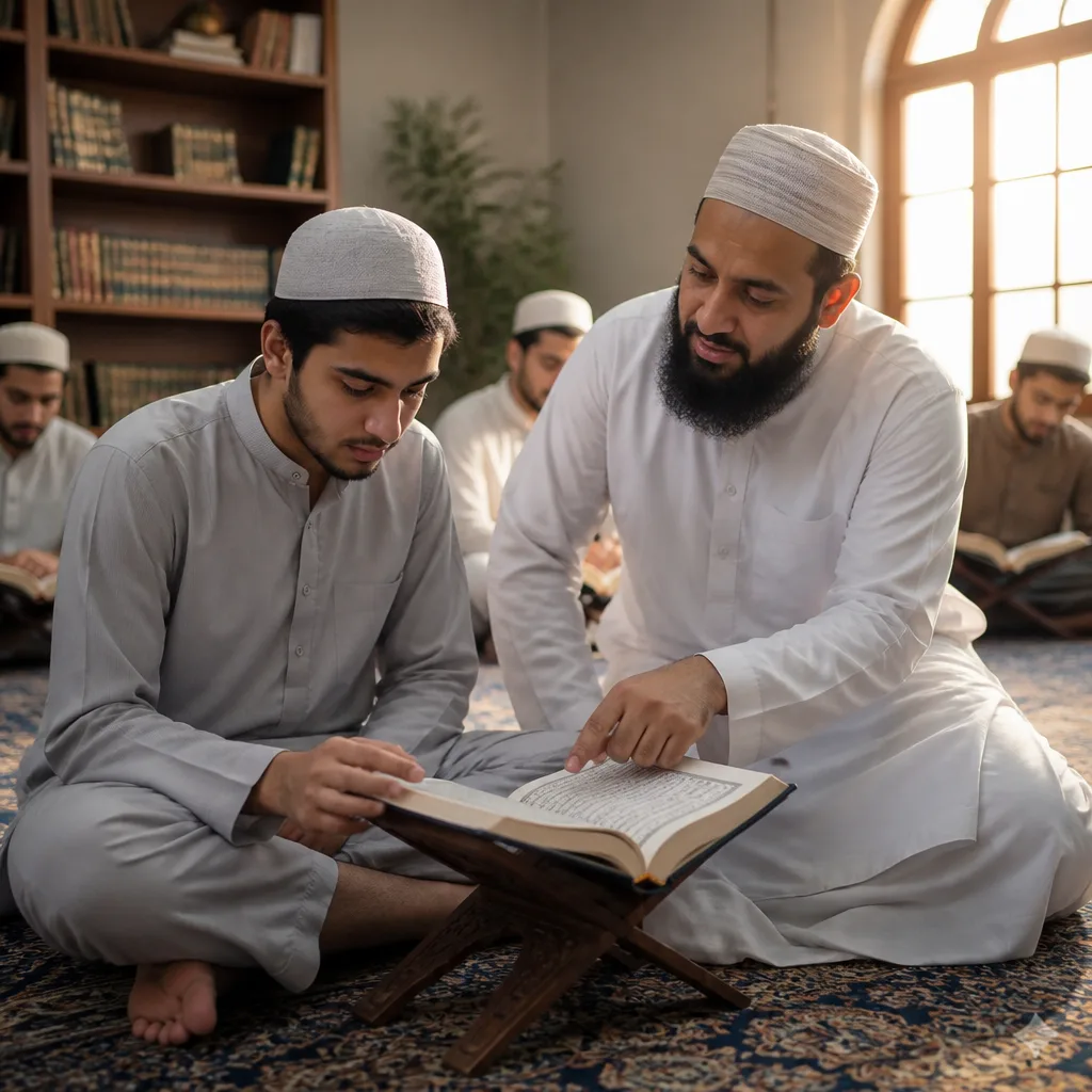 Brothers learning Quran together with a teacher in a calm community setting