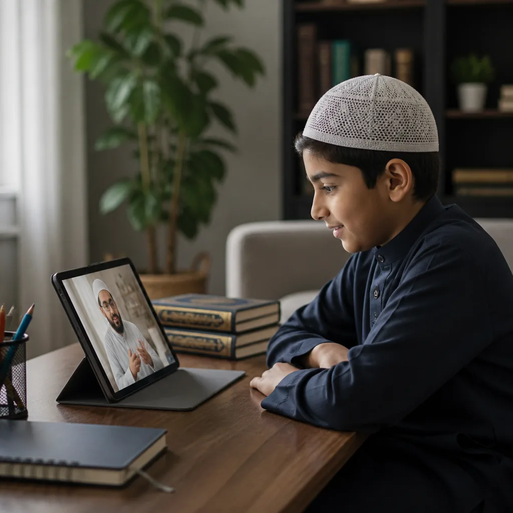 A brother focused on online Quran learning at home