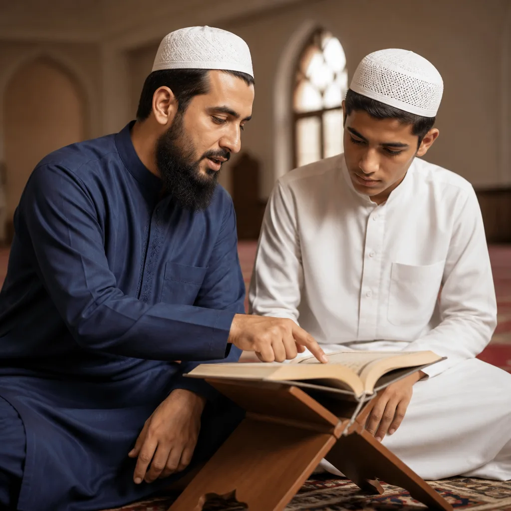 Teacher guiding a brother during a Quran learning session