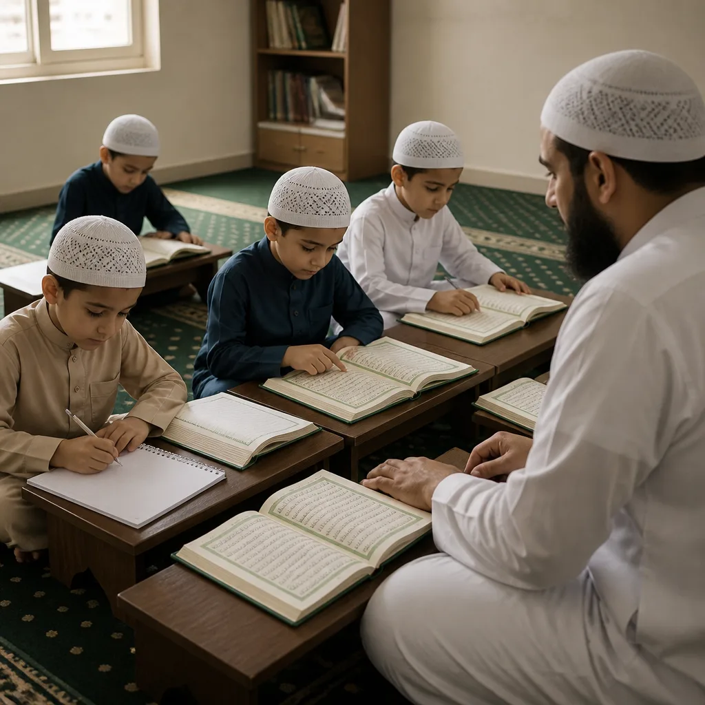 Children learning Quran in a supportive, organized classroom setting.