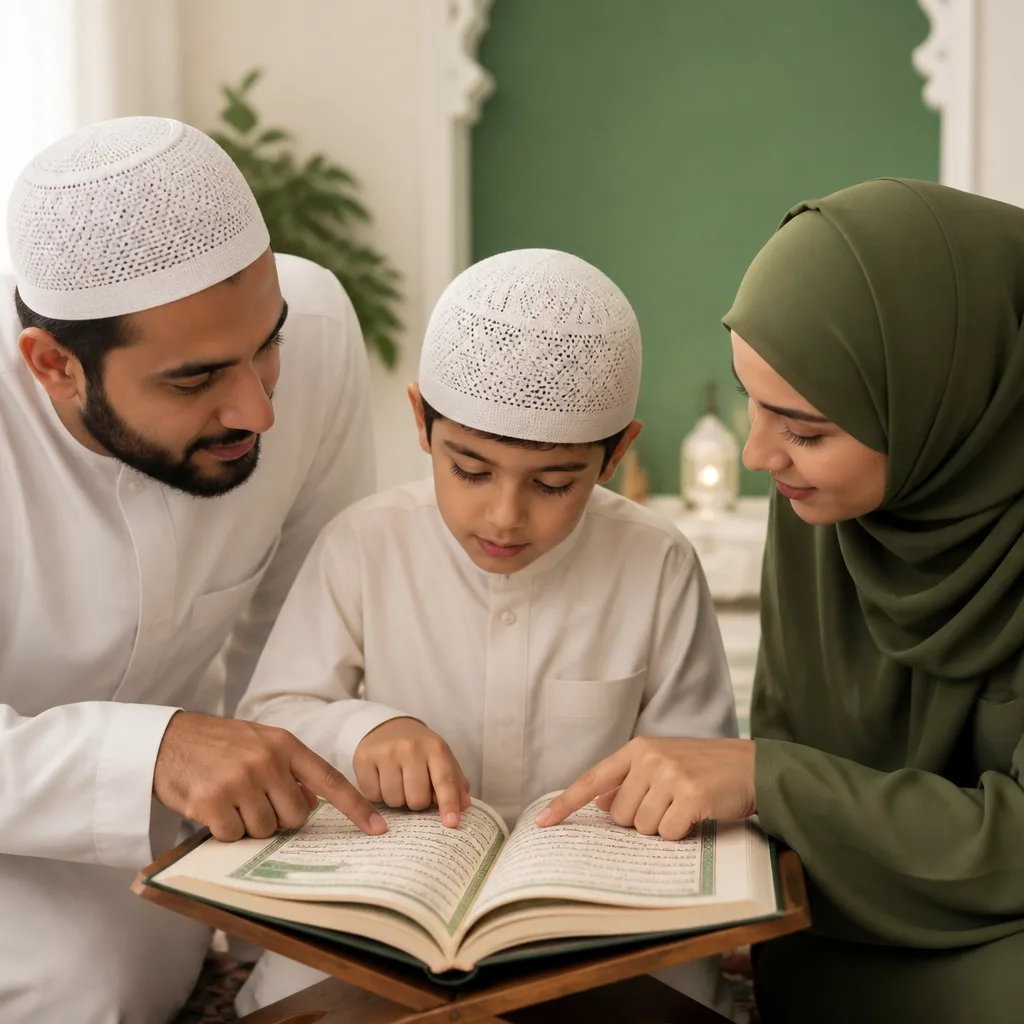 A teacher and parent guiding Tajweed practice during Quran learning.