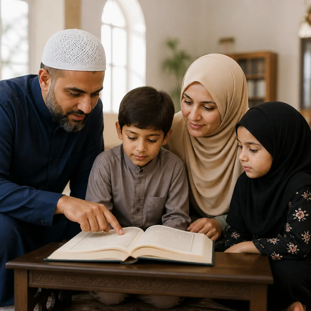 A family learning Quran recitation together in a peaceful community space.