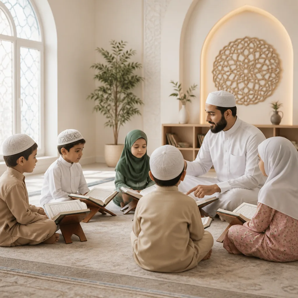 Children learning Quran basics in a supportive classroom environment
