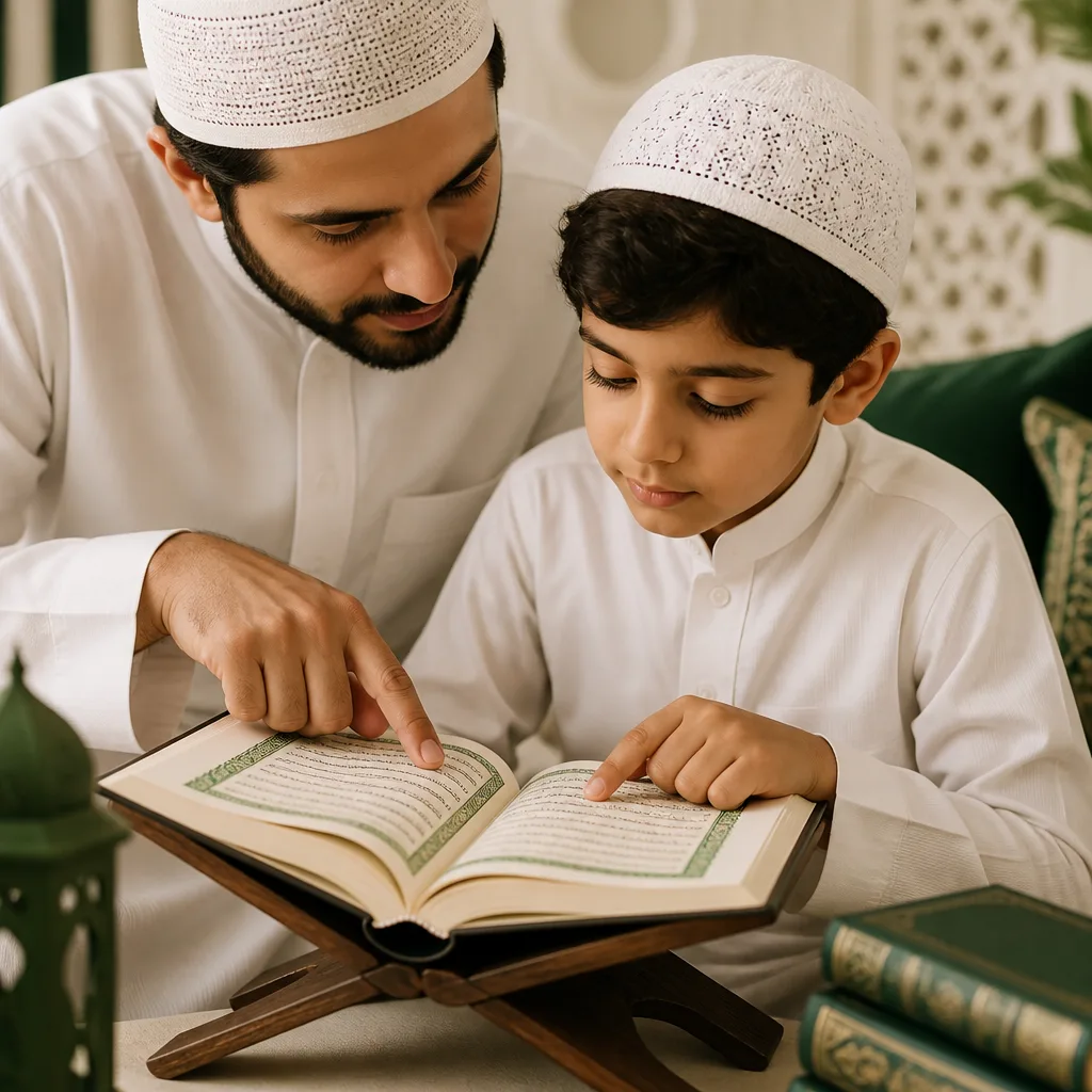 Teacher supporting a child during Quran recitation and Tajweed learning