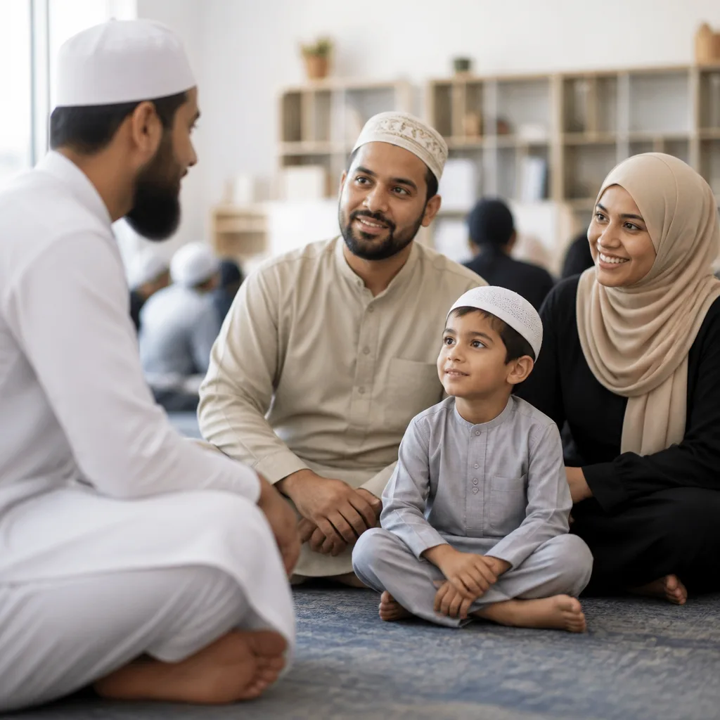 Muslim family learning with a teacher in a community center