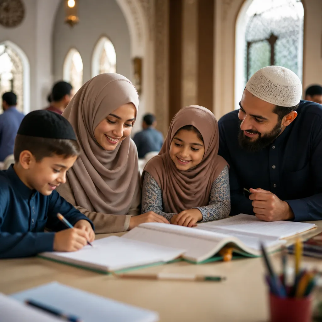 Family and youth support learning together in an AMCC-style Quran class atmosphere.