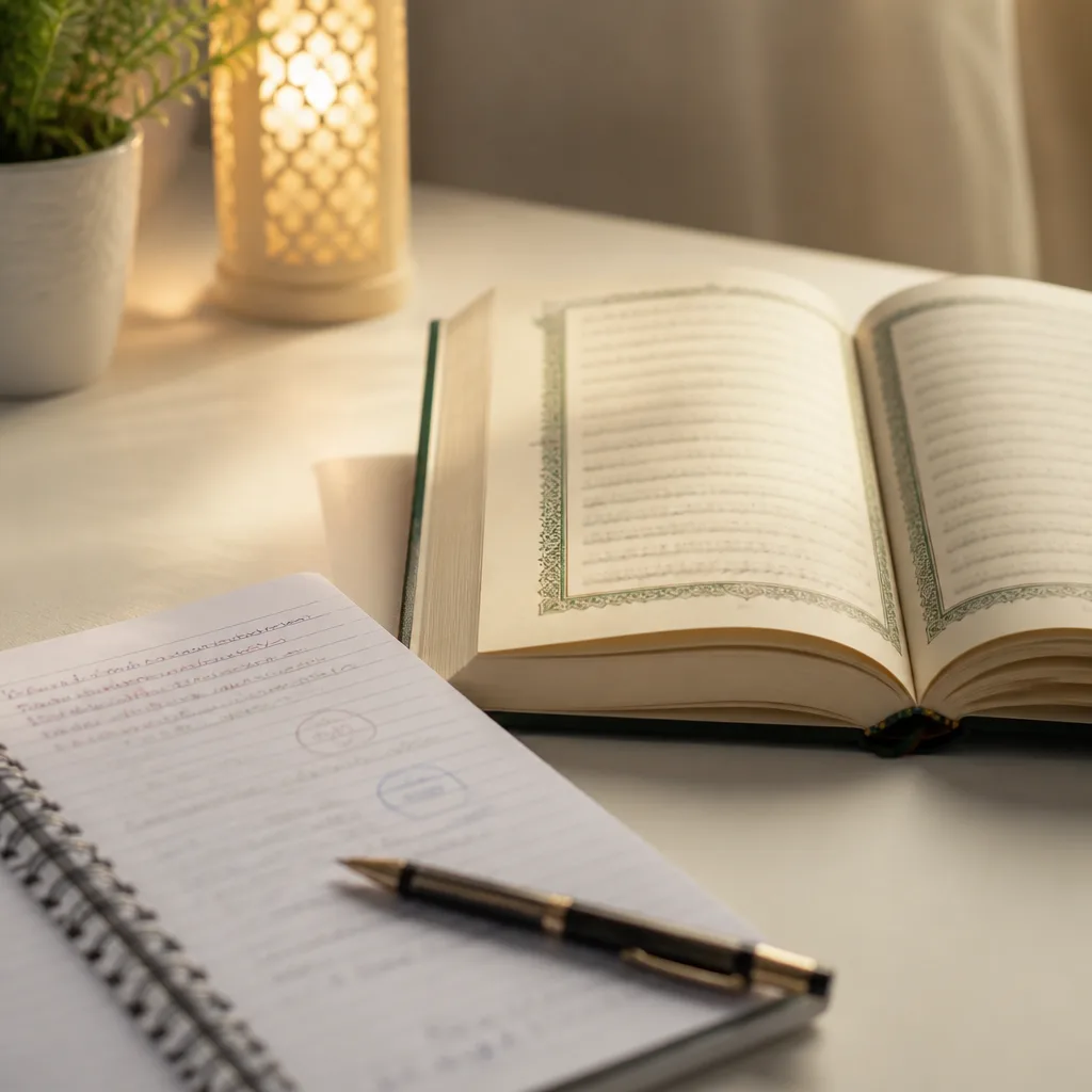 A calm study moment for starting Quran reading and Tajweed practice.