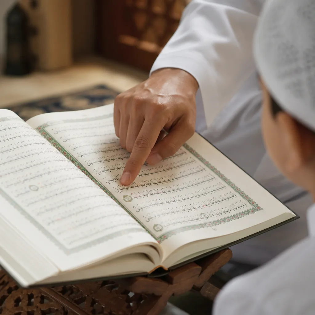 A teacher’s hand pointing to Quran recitation points while learning Tajweed.