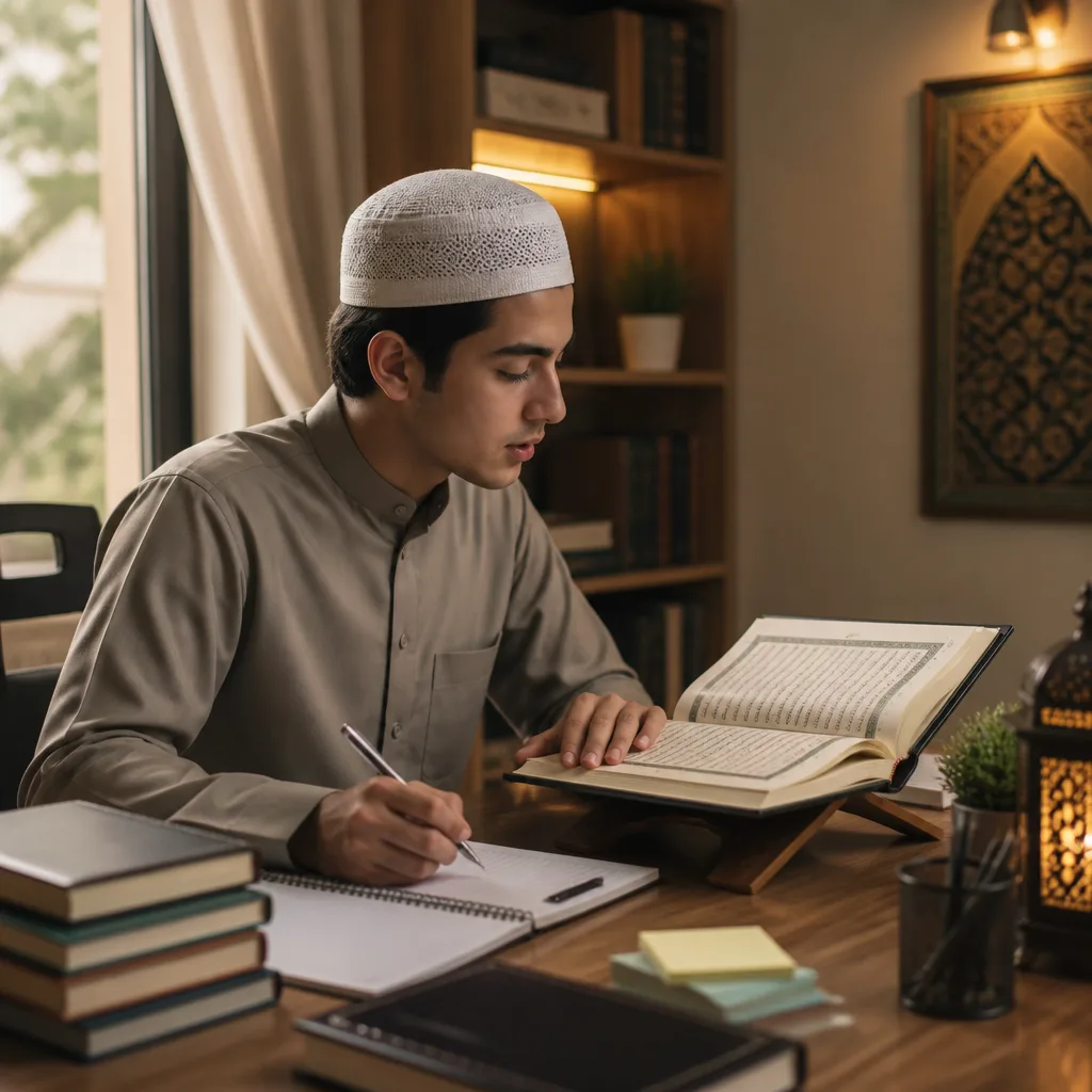 A student studying Quran reading and pronunciation with supportive materials.