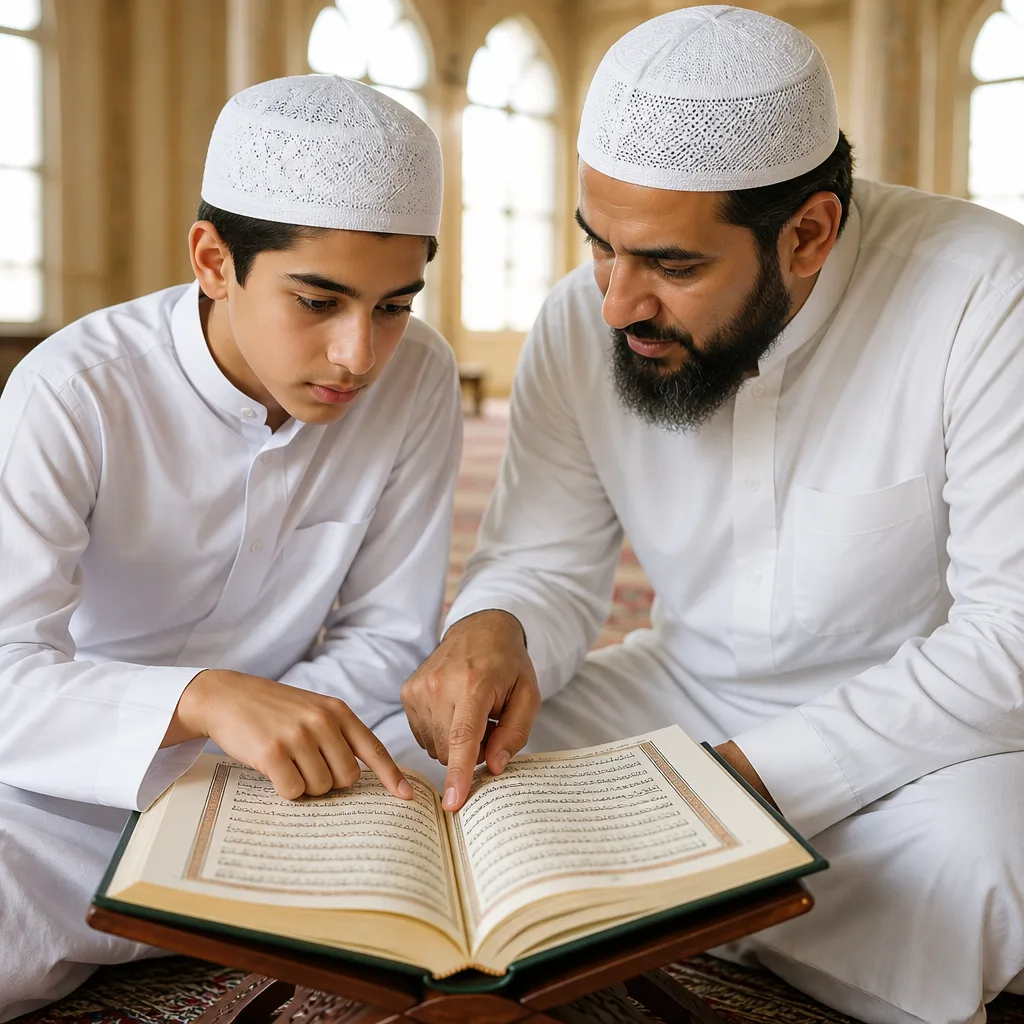 Teen learning Tajweed in a calm mosque setting with a teacher’s guidance.