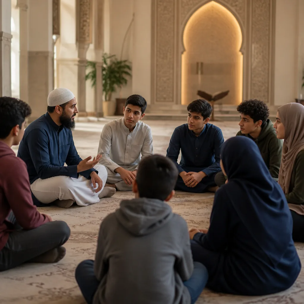Teens participating in Quran recitation learning together in a masjid-based community.