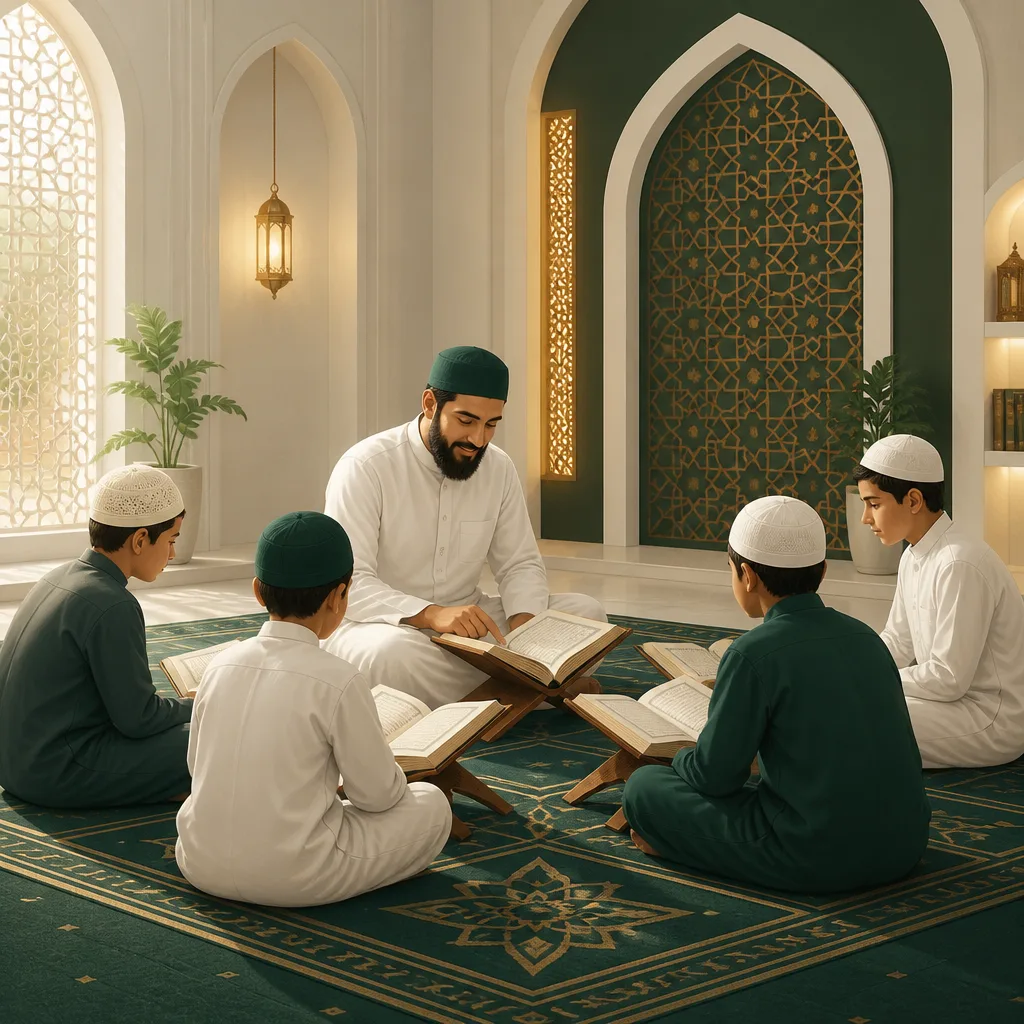 In-person Quran classes in a masjid setting with a teacher and students