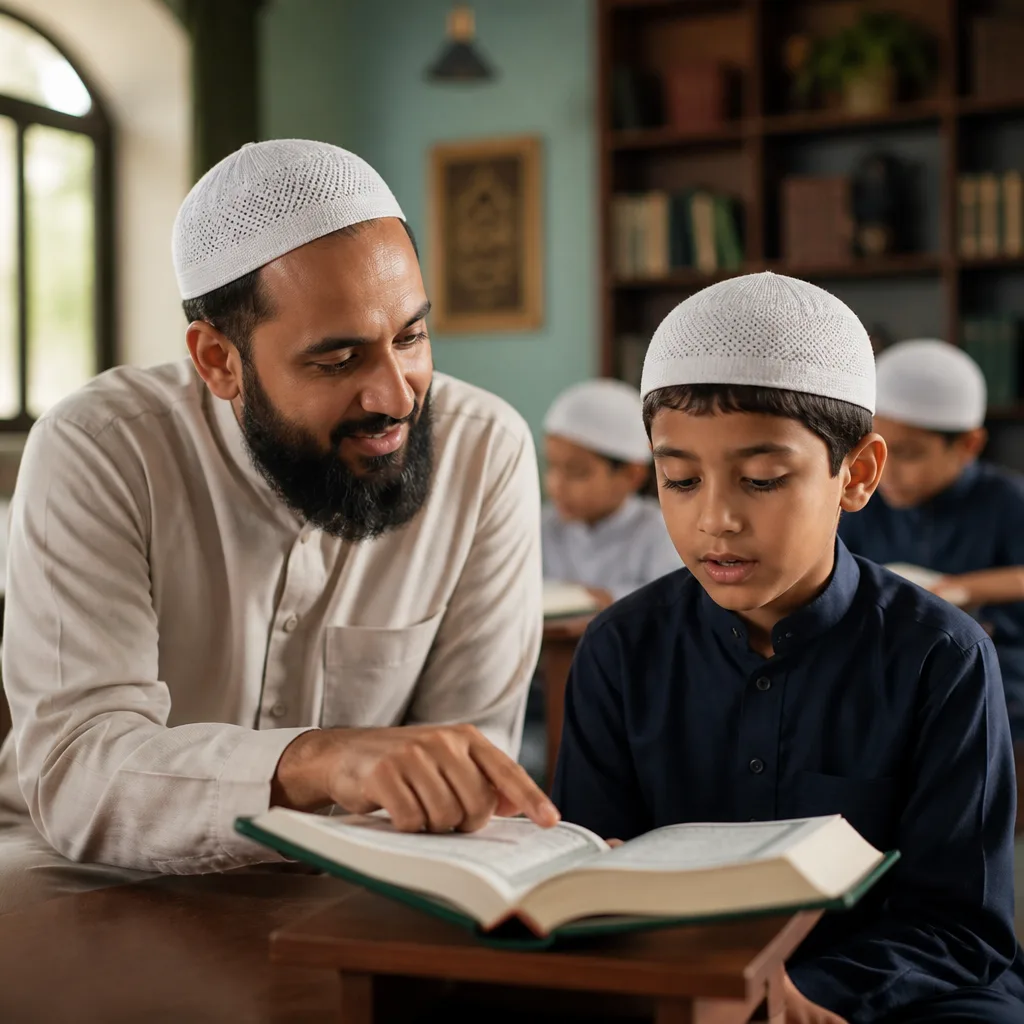 Teacher guiding Quran recitation in a bright community classroom