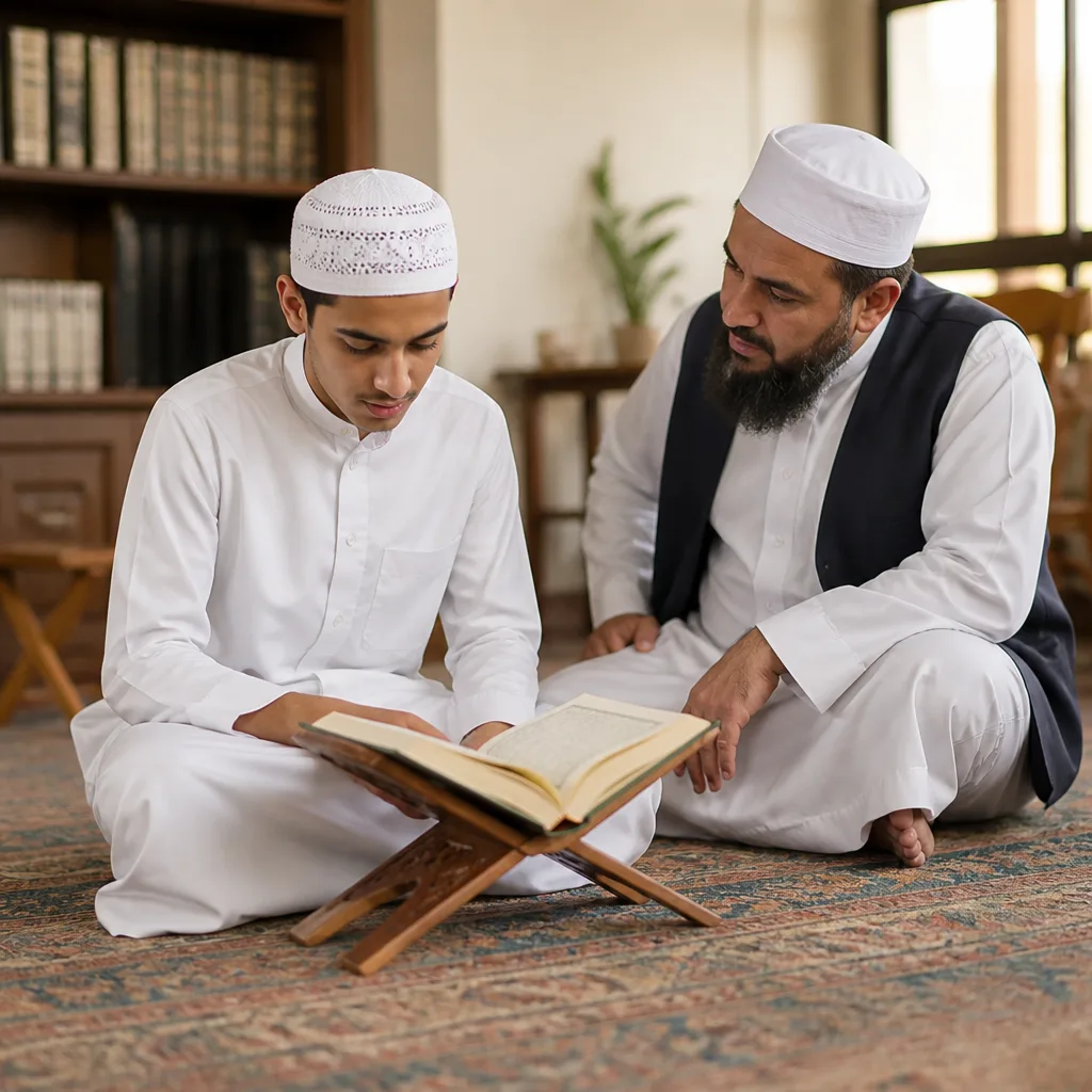 Learner studying the Quran with a teacher in a calm community space