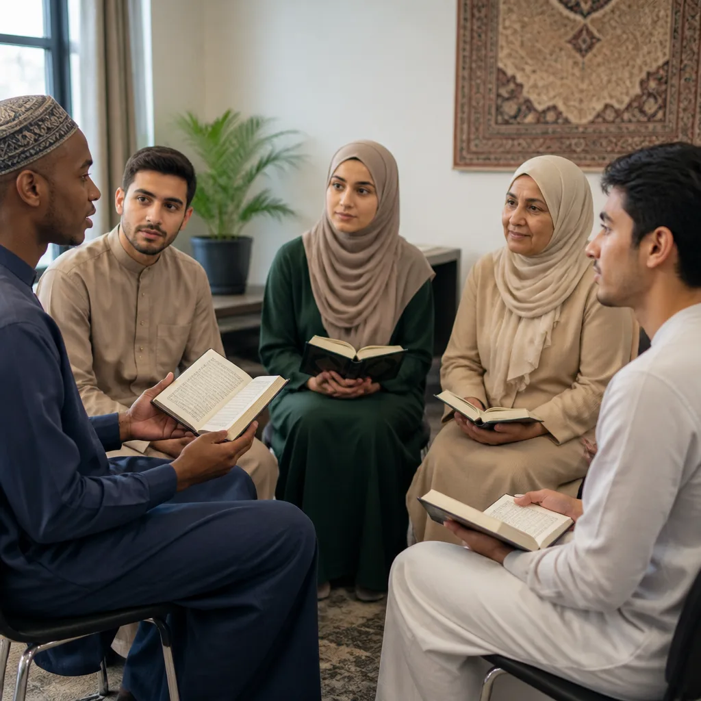Small group engaged in Quran learning together in a welcoming room