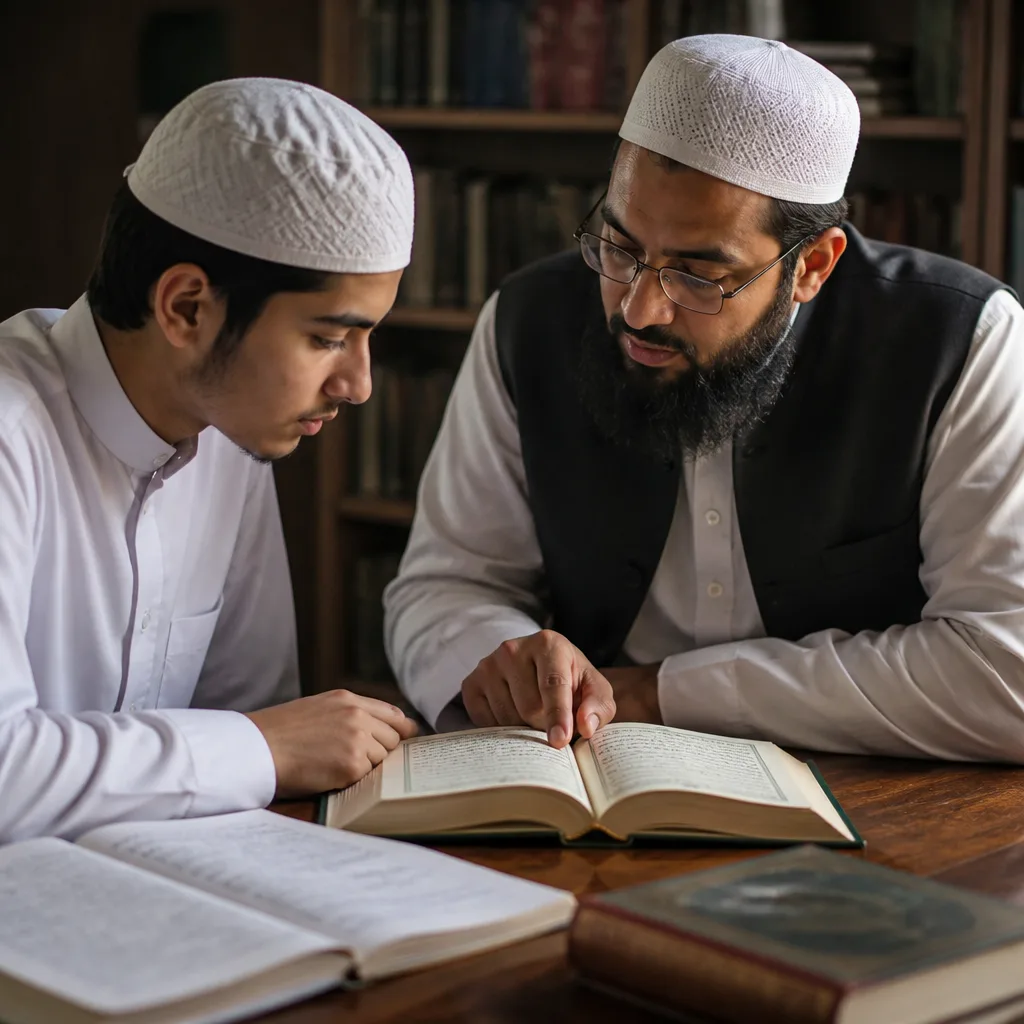 Student practicing Quran recitation with teacher guidance at a desk