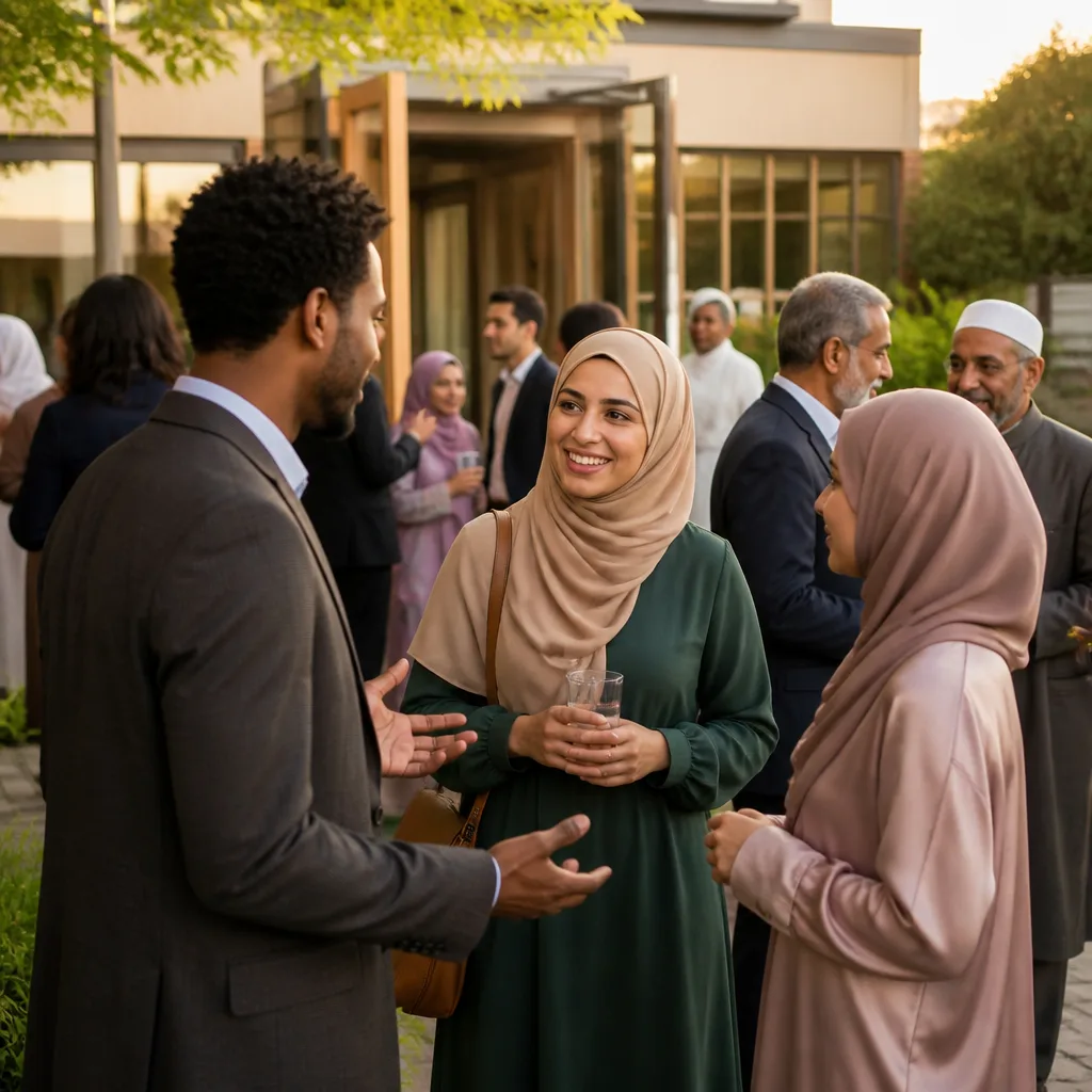 Community members connecting at an outdoor gathering during golden hour.
