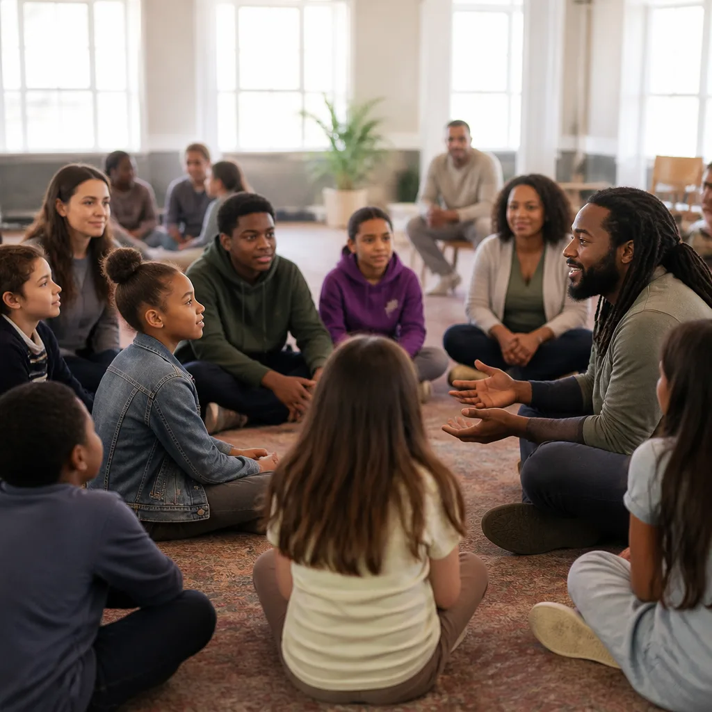 Families and youth learning together in a welcoming community space.