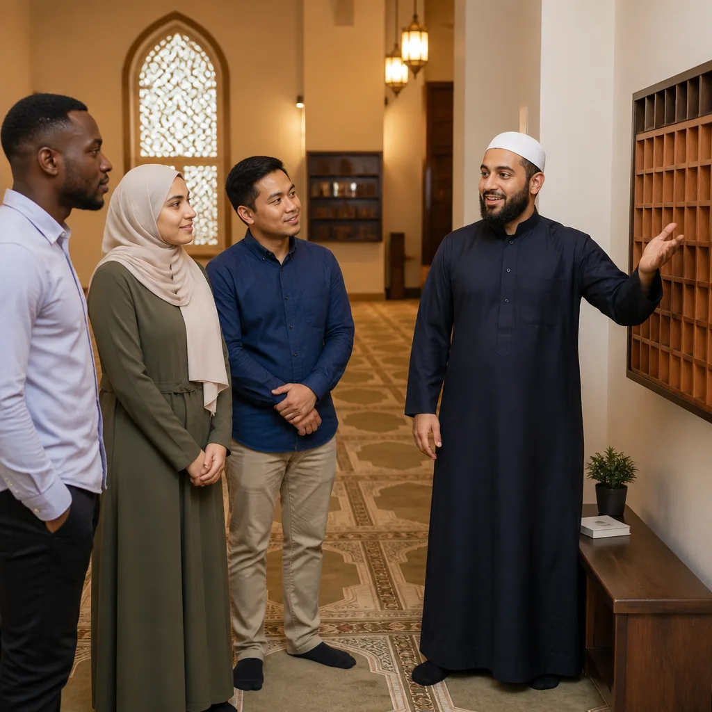 Welcoming mosque setting with community members helping newcomers find their next prayer step.