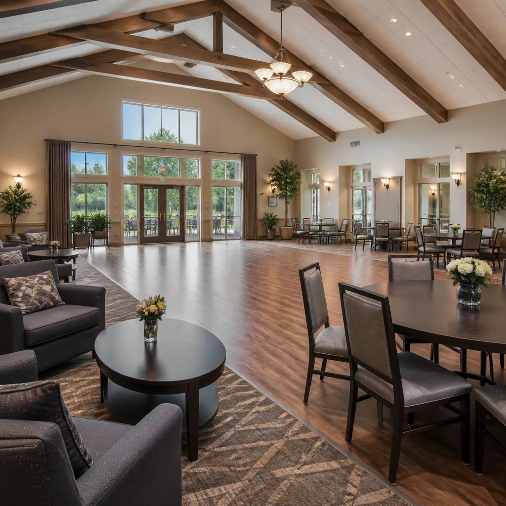 Inviting community hall interior with warm natural light
