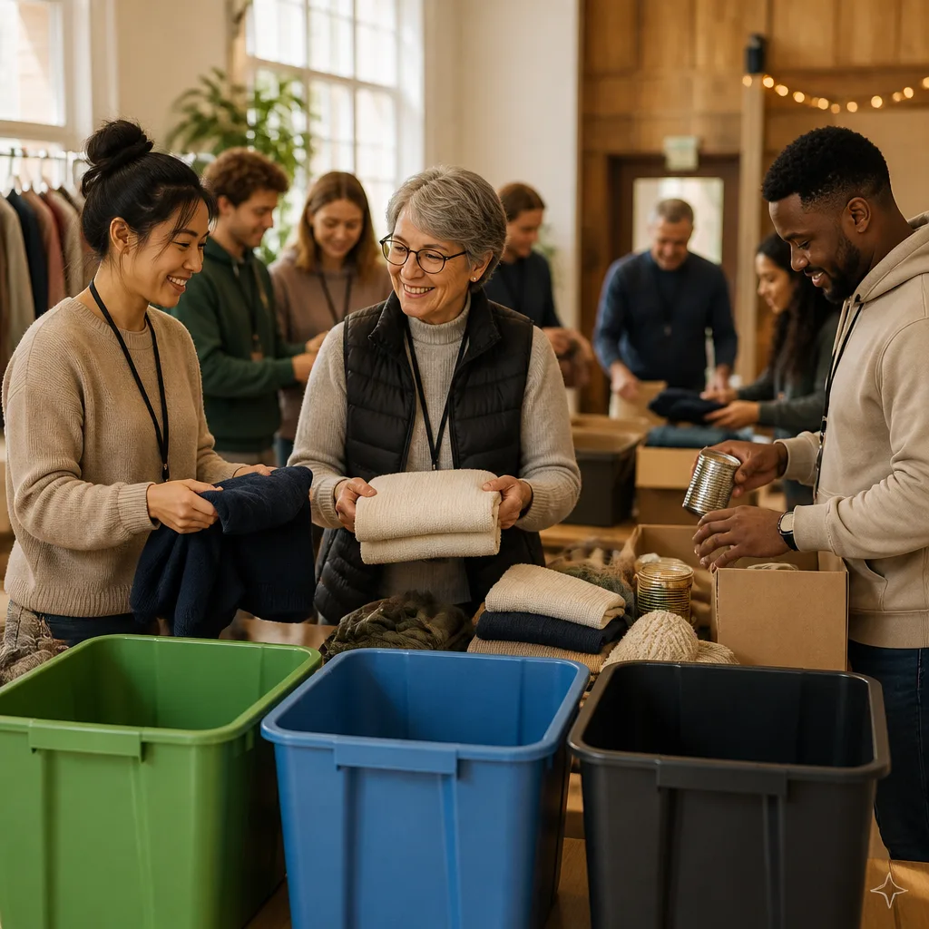 Volunteers and community support activity in a well-organized hall environment.