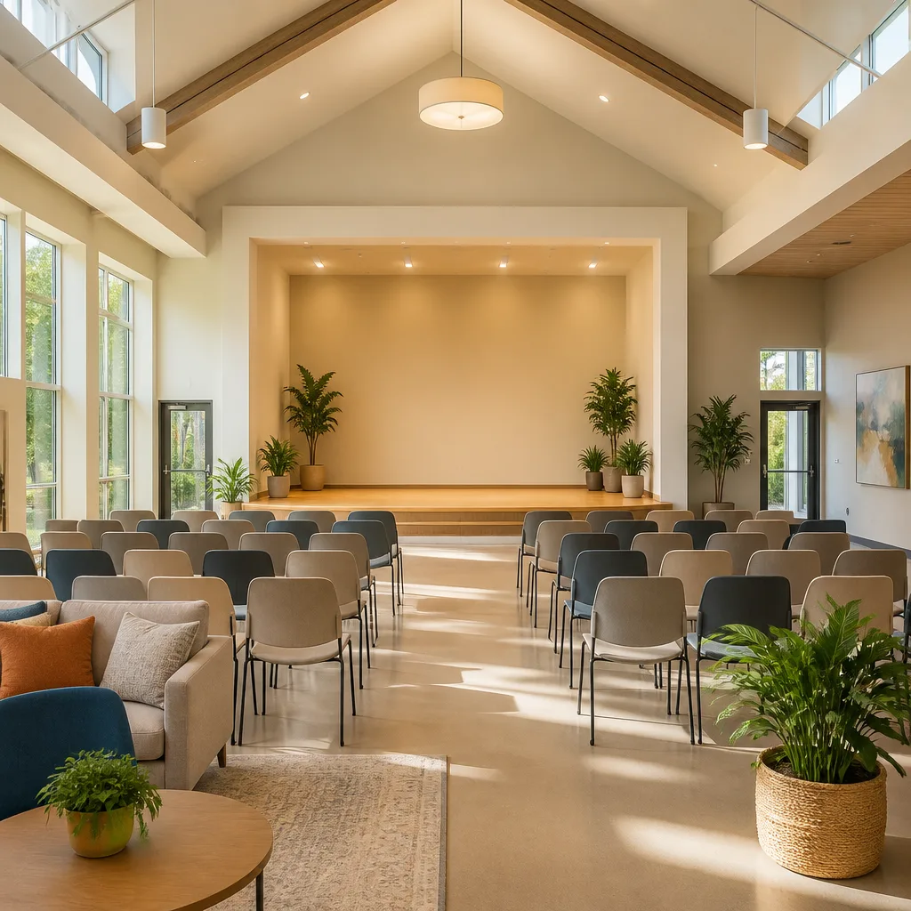 Welcoming AMCC service hall setup for community gatherings and programs.