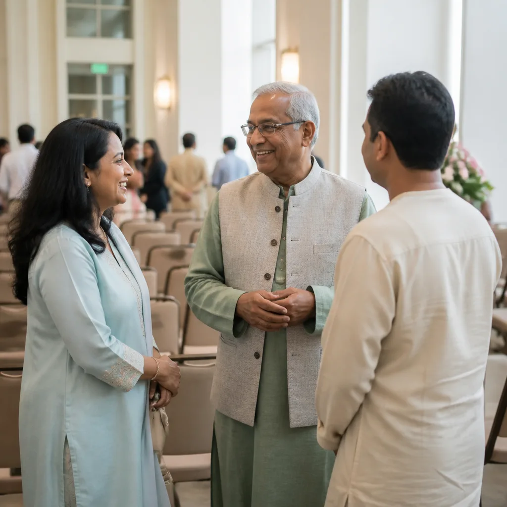 People conversing in a bright community event hall