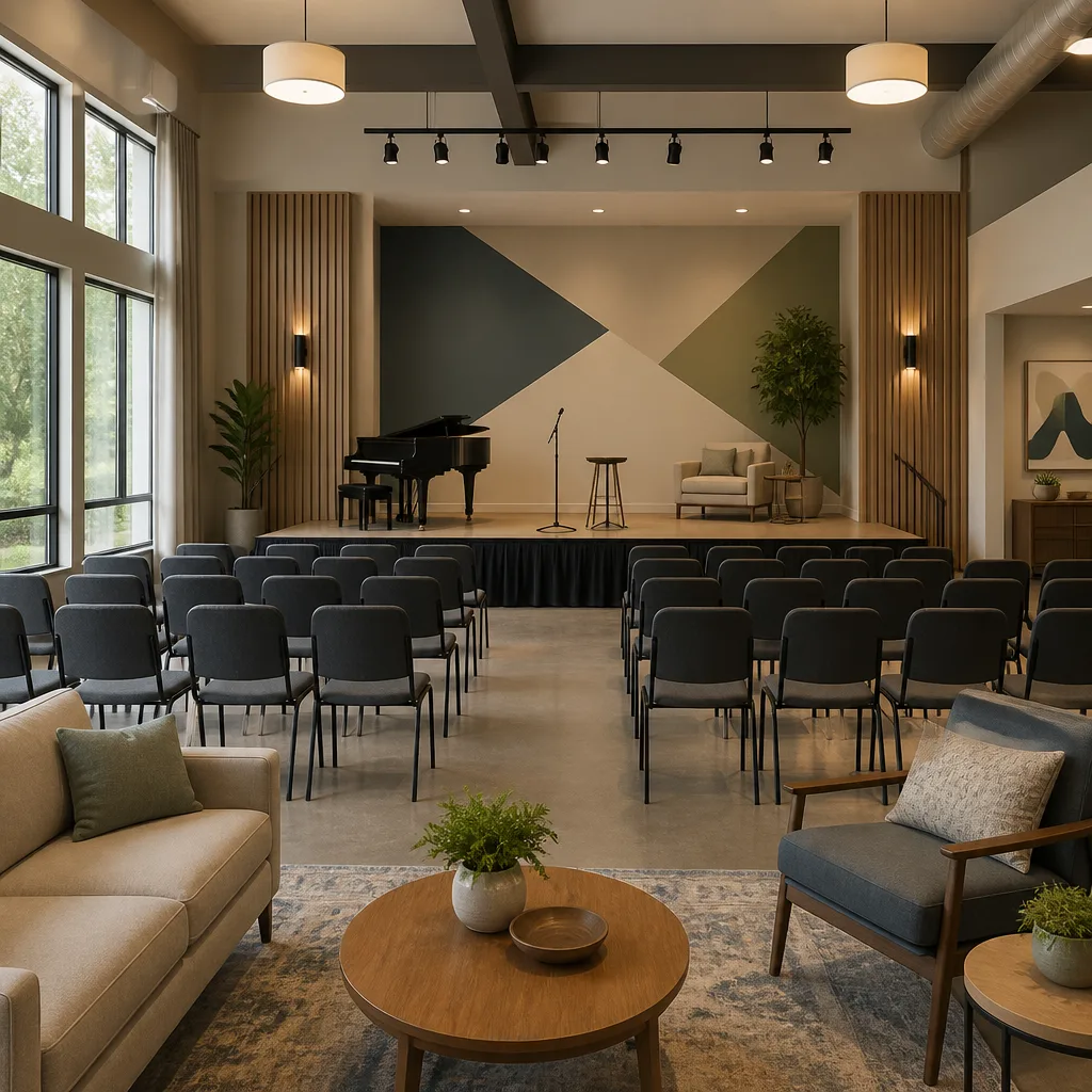 A peaceful stage-and-seating community gathering space with subtle decorative accents and natural light