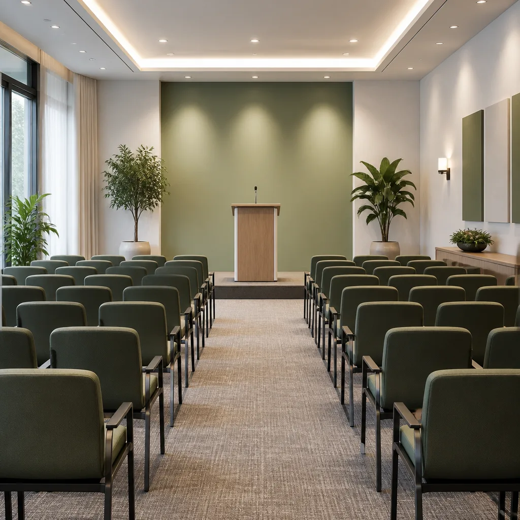 A conference room setup in a calm, community-first style with a podium area and organized seating