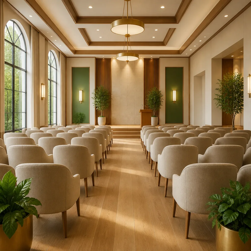 A welcoming community hall interior prepared for a lecture with warm lighting and tasteful decor