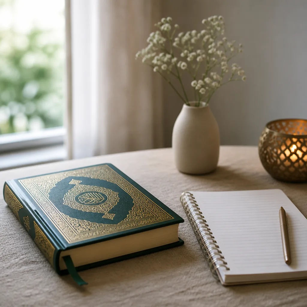 Closed Qur’an and notebook on a study table