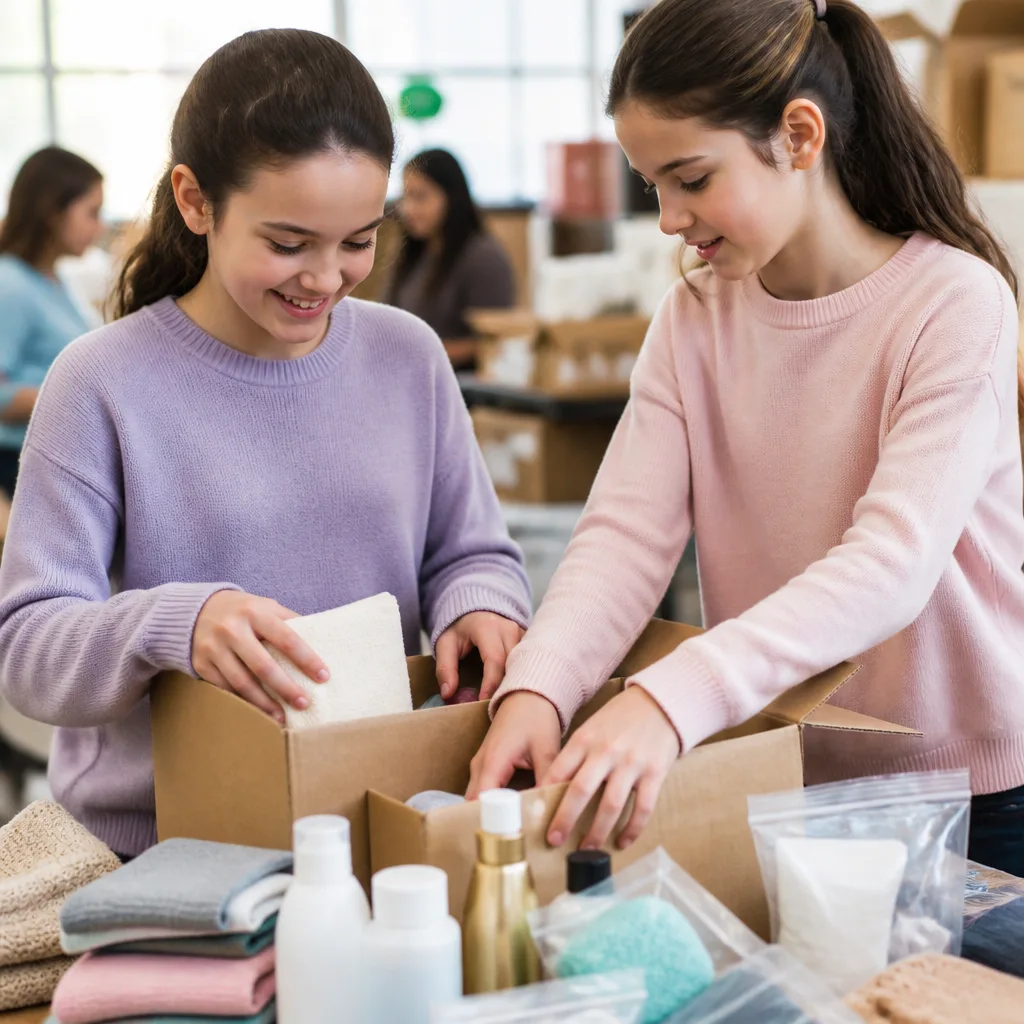 Sisters preparing care packages together