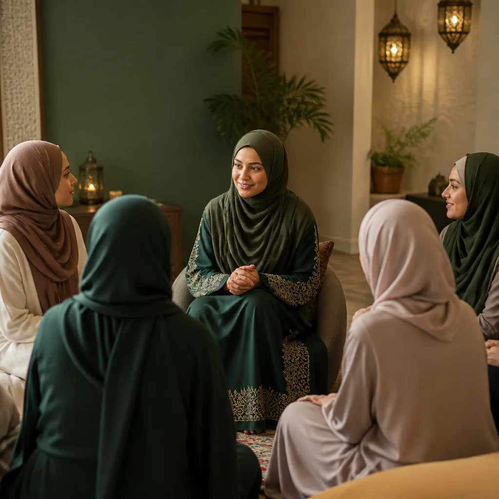 Women’s sisterhood circle in a warm, faith-centered community setting