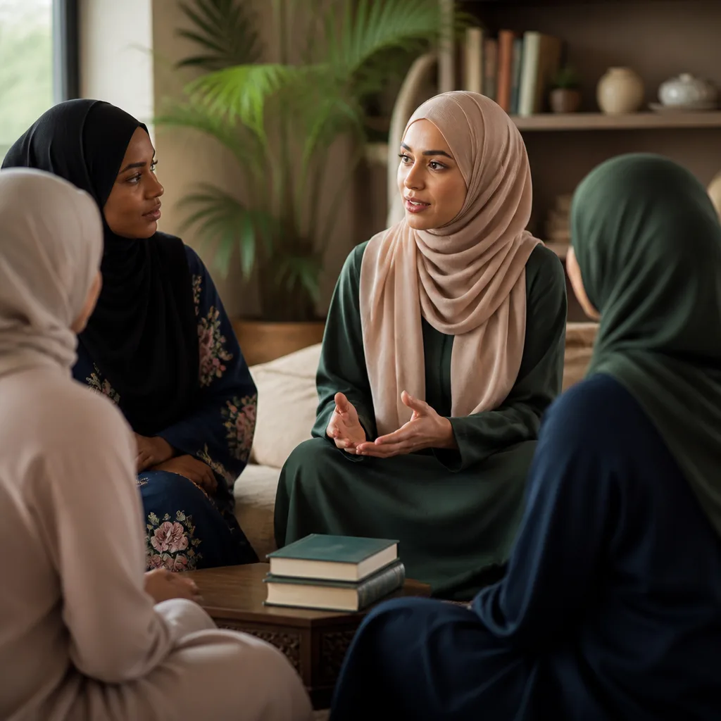 Muslim women gathered in a welcoming study-circle setting