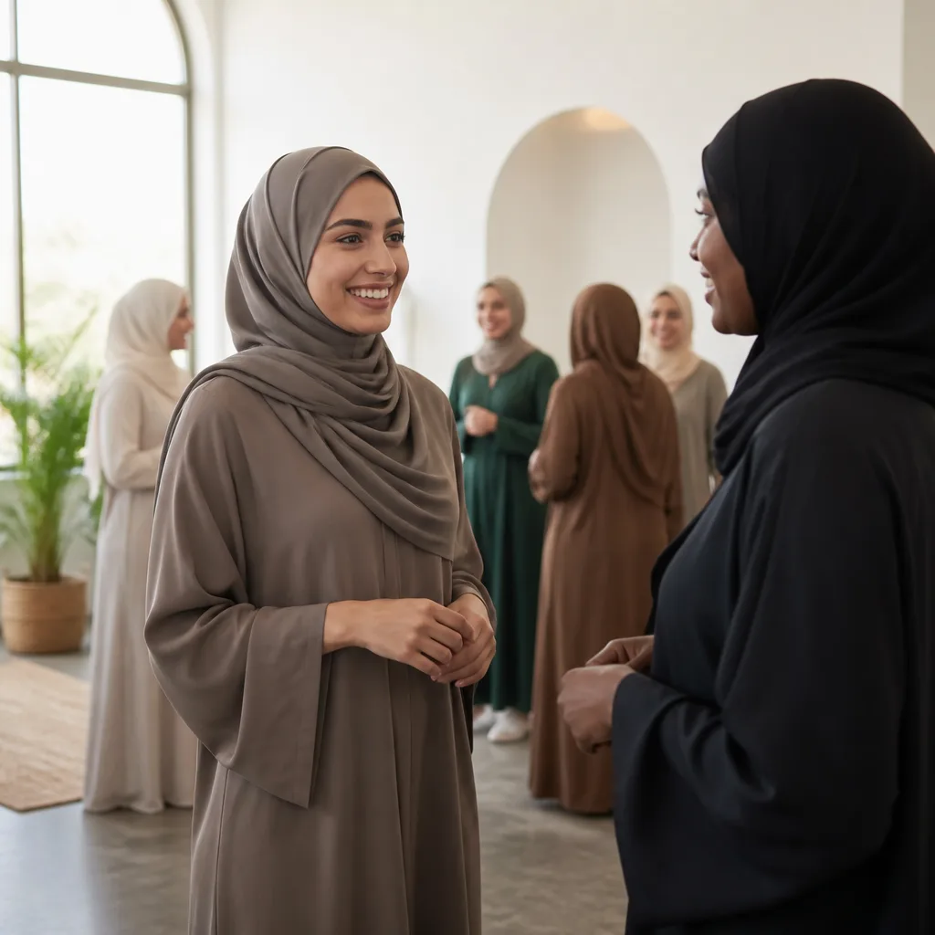 Diverse Muslim women gathered in a warm community setting